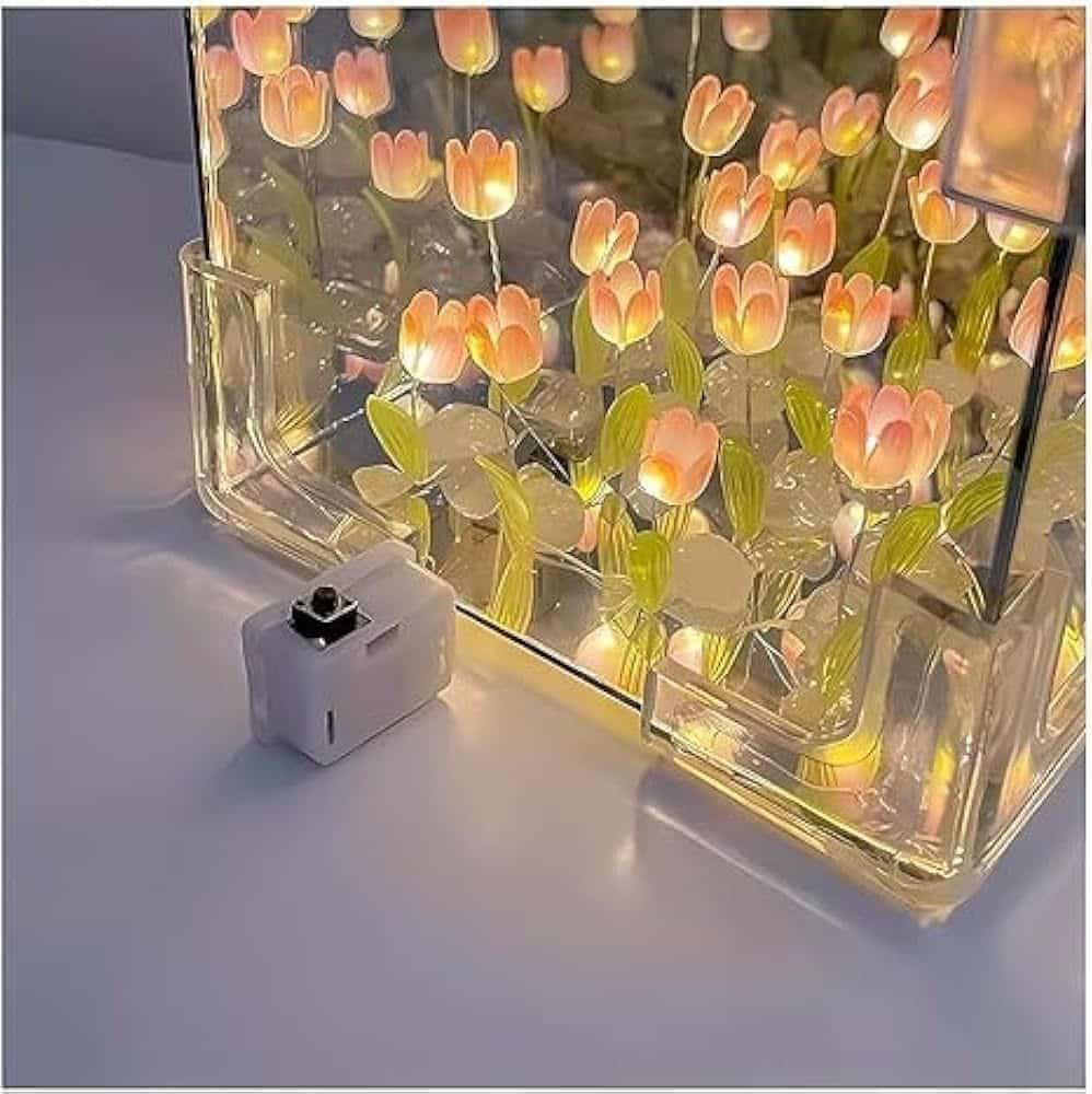 Artificial Tulips in Crystal Box – Handmade DIY Pink Tulip Cube Mirror Lamp, LED Night Light for Bedroom, Unique Flower Table Lamp - (Square) - Image 4