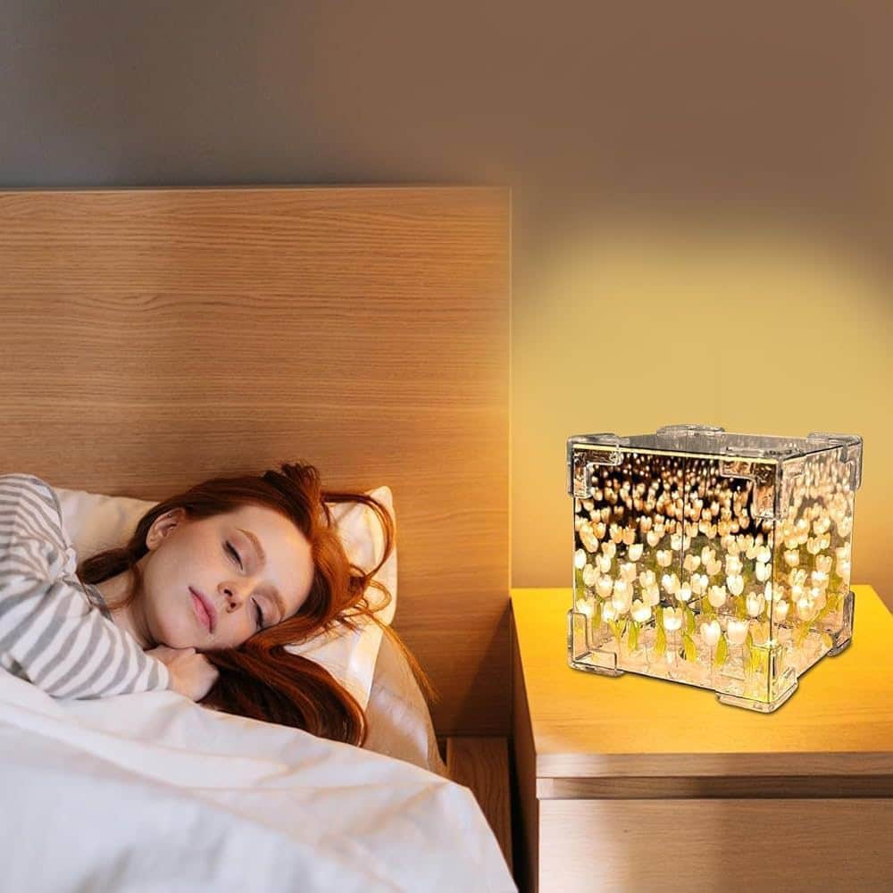 Artificial Tulips in Crystal Box – Handmade DIY Pink Tulip Cube Mirror Lamp, LED Night Light for Bedroom, Unique Flower Table Lamp - (Square) - Image 5