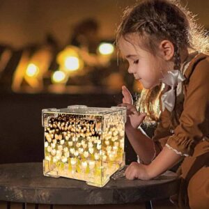 Artificial Tulips in Crystal Box – Handmade DIY Pink Tulip Cube Mirror Lamp, LED Night Light for Bedroom, Unique Flower Table Lamp - (Square)