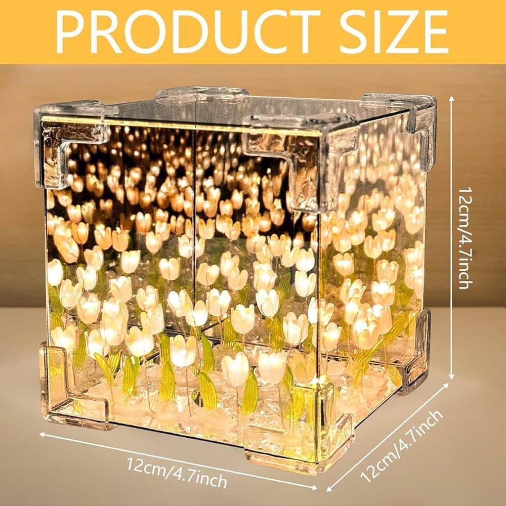 Artificial Tulips in Crystal Box – Handmade DIY Pink Tulip Cube Mirror Lamp, LED Night Light for Bedroom, Unique Flower Table Lamp - (Square) - Image 3