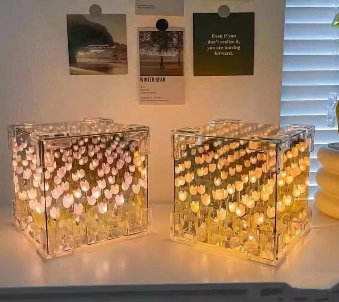 Artificial Tulips in Crystal Box – Handmade DIY Pink Tulip Cube Mirror Lamp, LED Night Light for Bedroom, Unique Flower Table Lamp - (Square) - Image 2