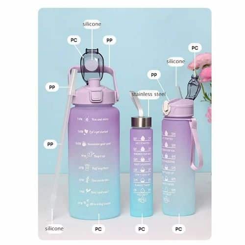 Sports Water Bottles 3 Pcs Set With Motivational Time Marker & Leak Proof Flip Top Lid (random Color) - Image 2